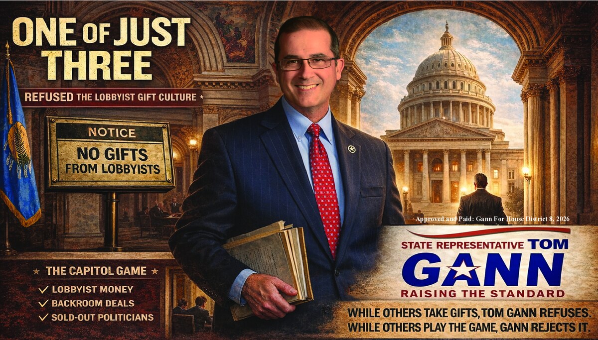 Official Tom Gann push card featuring the no gifts from lobbyists message